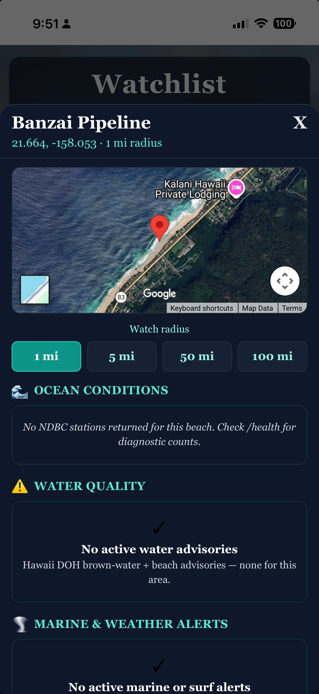 Hawaii H2O Watch — Beach detail with map